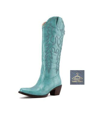 Faux Suede Mid Calf Western Cowboy Boots with Chunky Heel